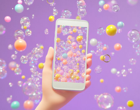 3D cartoon render of a smartphone mockup in a hand, with copy space, against a purple background with flying colorful bubbles and rings. The design is minimalistic, with simple shapes and low detail, no shadows, and has a cute, adorable, and lovely appearance, isolated on a white background. --ar 19:15 --v 6.1 Job ID: e8790b2f-c634-433e-9d27-110adeb23977の素材