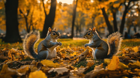 Two squirrels playing in the park, sun rays filtering through the leaves, golden hour lighting, a full panoramic shot, wide-angle perspective, high-resolution image, hyper-realistic rendering. --chaos 30 --ar 16:9 --v 6.1 Job ID: f5c1a175-d7d9-4bc4-8082-d69a671de4dfの素材