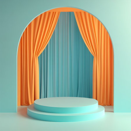3D rendering of an arch with curtains in the background, a podium for product presentation, with blue and orange colors, in a minimalist style, simple design, flat design, with a turquoise color, simple shapes, in an icon style, low-poly model, vector graphics, pastel palette, Octane render, Blender. --v 6.1 Job ID: 1cb6850c-bee9-40aa-b43e-055829f69091の素材