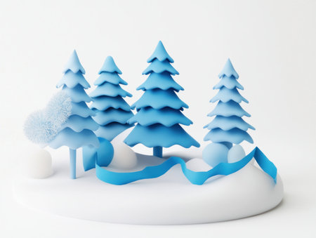 3D illustration of cute winter trees and decorations, with a blue ribbon on a white background, in a cartoon style, with minimalism, simple shapes, low-poly design, using only 4 colors, without shadows or gradient, on a white base with shadows. --ar 4:3 --v 6.1 Job ID: d7f9afd9-2023-43d1-876d-2e23a8a2cc2aの素材