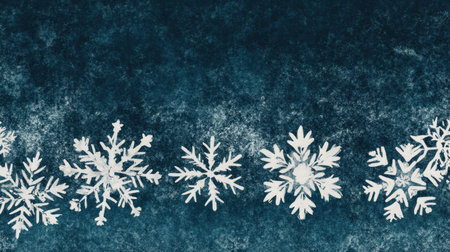 Blue background with snowflakes at the top and bottom, creating an atmosphere of cold weather. The design is simple yet elegant, perfect for conveying winter vibes or festive themes. It features white snowflake patterns on a blue textured paper, adding depth to the composition. This banner-style image has a high resolution and detailed texture that captures the beauty of snowy landscapes. Snowy theme, winter mood, snow pattern, snowflake decoration, blue color tone, snow sparkles. --chaos 30 --ar 16:9 --v 6.1 Job ID: 11116b1b-5251-415d-999d-90b98caa26b3の素材