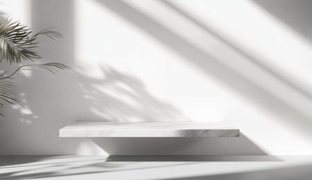 3D rendering of a floating geometric platform for product presentation, with a minimalistic design and soft shadows on a light background. A simple scene with white and gray cubes. A design element for cosmetic advertising. --ar 26:15 --v 6.1 Job ID: 52e97302-3eb3-43d2-877a-631ad8a518c5の素材