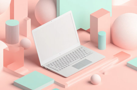 3D laptop mockup, surrounded by geometric shapes in pastel colors, on a light pink background, in a minimalistic style, isometric view. --ar 23:15 --v 6.1 Job ID: 684c3fc4-3b87-40d2-b108-ed2ff2fccfa8の素材
