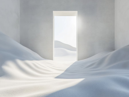 3D rendering of an abstract, minimalistic background with white sand dunes and a door in the center. Bright daylight streams through a window, creating a space for text or product presentation. This design concept features a minimalist scene with abstract shapes and elements. The background provides ample copy space. Abstract background design. Close-up shot with a centered composition. --ar 4:3 --v 6.1 Job ID: 43495354-d3a1-4492-8be7-9d6cc8d550e2の素材