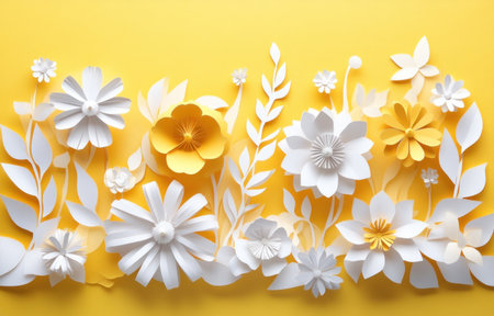 3D paper-cut yellow and white floral background with paper flowers and leaves. --ar 47:30 --v 6.1 Job ID: d451fde2-3f13-4496-9d68-8bf3c08726b2の素材