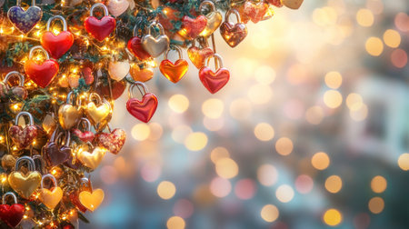 A banner featuring heart-shaped love locks, arranged in an array on the left side of the composition against a blurred background with warm colors and rays of sunlight creating a festive atmosphere for Valentine's Day. The focus is sharp while capturing the romantic essence of these colorful, resolution-locked padlocks. --chaos 30 --ar 16:9 --v 6.1 Job ID: 9ebc0170-b7ed-48c1-b73e-608adadff968の素材