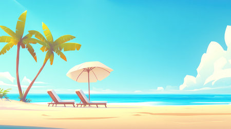 A tropical beach with two sun loungers under an umbrella, palm trees, and a clear blue sky, banner design. Summer vacation concept. Panoramic view of the sea in bright sunlight. Shallow depth of field. --chaos 30 --ar 16:9 --v 6.1 Job ID: f288555f-c5b1-4da8-8604-46024b9678c3の素材