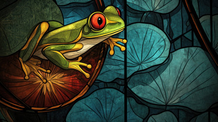 A stained glass window depicting an iridescent green tree frog with yellow accents, sitting on the edge of water lilies in blue and teal colors. The image is high resolution, highly detailed, accurate and precise, stunning, cinematic, and epic in its presentation. --chaos 30 --ar 16:9 --v 6.1 Job ID: 5a6eabe4-fc26-471c-9de9-1f60f355fcdaの素材