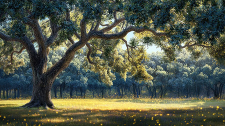 Beautiful blue forest with an old oak tree, glowing fireflies in the background, a fantasy-inspired, magical atmosphere, photo-realistic in the style of a skilled digital artist. --chaos 30 --ar 16:9 --v 6.1 Job ID: f5fec75e-f724-4543-98be-3a1784ba2191の素材