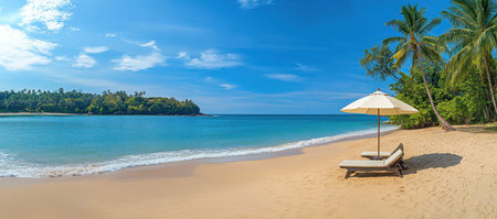 Beautiful beach with blue water and palm trees, two sun loungers under an umbrella on the sand. Panoramic banner of a tropical summer vacation background. --ar 34:15 --v 6.1 Job ID: 96e0b0ad-eb8a-46e2-ab0b-5b0bd6bf0ffcの素材