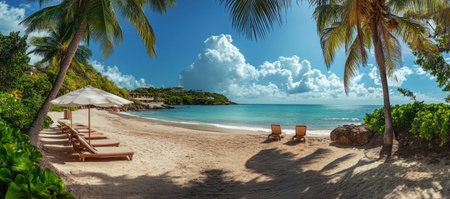 Beautiful beach with palm trees and lounge chairs under an umbrella on the shore of the Caribbean Sea against a blue sky, panoramic view. --ar 34:15 --v 6.1 Job ID: bc5bf677-e2a0-4035-9a42-e0892724af3bの素材