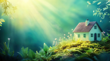 A small white house stands on the green grass, surrounded by ferns and flowers under the rays of sunlight. The background is blurred with shades of blue-green color. There is space for text or design elements above or below the scene. This banner can be used to represent themes of eco-friendly living, home security, real estate market promotion, or environmental protection. --chaos 30 --ar 16:9 --v 6.1 Job ID: 23b567b3-e3a9-4848-9c5d-ec49f4fe87ecの素材