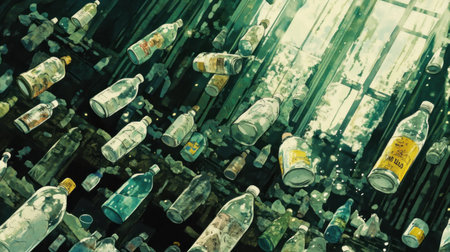 An artistic representation of plastic bottles and cups floating in the ocean, with light rays shining through them, symbolizing environmental pollution and wildlife in the style of Big Film Style. --chaos 30 --ar 16:9 --v 6.1 Job ID: 430bf5e6-e51e-4774-88f0-d893b14f0451の素材