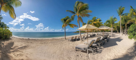 Beautiful beach with palm trees and lounge chairs under an umbrella on the shore of the Caribbean Sea against a blue sky, panoramic view. --ar 34:15 --v 6.1 Job ID: bc5bf677-e2a0-4035-9a42-e0892724af3bの素材