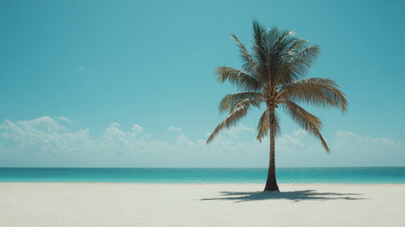 Beautiful palm tree on the white sandy beach with a blue sky and turquoise sea water in the background. Cinematic photo, in the style of Sony Alpha, super resolution, bright colors, panorama. --chaos 30 --ar 16:9 --v 6.1 Job ID: 6e599fde-2cdb-4705-a4dc-172e27e21367の素材