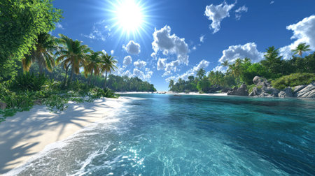A beautiful tropical beach with palm trees and clear blue water on the left side of the frame, sunny day, white sand, sun shining in the sky, bright colors, wide-angle, photorealistic, hyper-detailed, in the style of Canon EOS R5. --chaos 30 --ar 16:9 --v 6.1 Job ID: 43b142f3-8384-4b81-93a4-76f66cd8d800の素材