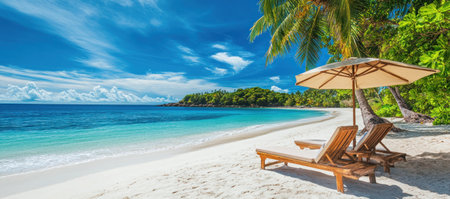 Beautiful beach with blue water and palm trees, two sun loungers under an umbrella on the sand. Panoramic banner of a tropical summer vacation background. --ar 34:15 --v 6.1 Job ID: 96e0b0ad-eb8a-46e2-ab0b-5b0bd6bf0ffcの素材