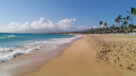 A beautiful tropical beach with palm trees and clear blue water on the left side of the image, with bright sunshine and white clouds in the sky. The sand is a soft yellow underfoot, creating an idyllic scene for relaxation or vacation. A few coconut palms stand tall against the backdrop of azure waters and a distant horizon. This photograph captures the serene beauty of a sunny day at a paradise beach. --chaos 30 --ar 16:9 --v 6.1 Job ID: b5f61ca7-7d40-4308-9d1a-40ff3481d000の素材