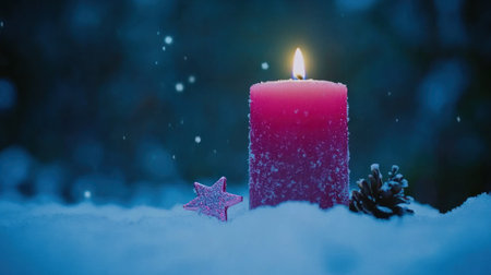 Christmas background with a pink candle, stars, and decorations on snow in front of a blue bokeh light. --chaos 30 --ar 16:9 --v 6.1 Job ID: acf5fd56-2941-4707-9470-1d2e26db7f7eの素材