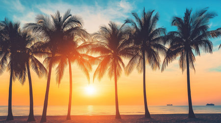 A vibrant sunset over the palm trees on an exotic beach, creating a breathtaking and colorful scene that evokes feelings of relaxation and adventure. Wide shot, ultra-realistic photography in the style of [Artist name]. --chaos 30 --ar 16:9 --v 6.1 Job ID: 6e1fb6b7-35c5-40be-97d6-402baa473b70の素材