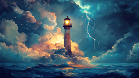 A lighthouse shining in the stormy sea, dark clouds and lightning above it, in the style of a photorealistic painting. --chaos 30 --ar 16:9 --v 6.1 Job ID: 5c4611ad-2520-4542-a776-e0d19327c2deの素材