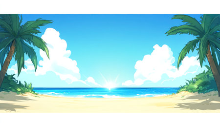 A stunning tropical beach with palm trees, clear blue water, and the sun shining in the sky. The sandy shore is white, and there's no one around it. In front of you, you can see an island covered in lush greenery. A banner format will be used for the background so that text or images could easily fit into its space. This scene would be ideal for summer vacation marketing materials or promotional ephemera. --chaos 30 --ar 16:9 --v 6.1 Job ID: 85aa2c9e-3bf3-40db-a257-c4fb56b958e6の素材