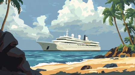 A white cruise ship at the beach with palm trees and blue water. A luxurious vacation scene with clear skies. --chaos 30 --ar 16:9 --v 6.1 Job ID: 70e7e3a1-2073-4009-baf0-aa1f43e1a1f1の素材