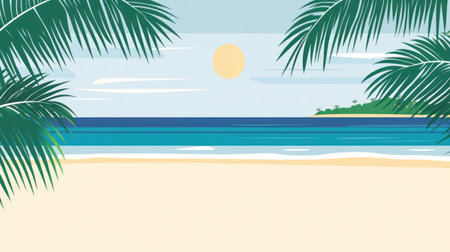 A stunning tropical beach with palm trees, clear blue water, and the sun shining in the sky. The sandy shore is white, and there's no one around it. In front of you, you can see an island covered in lush greenery. A banner format will be used for the background so that text or images could easily fit into its space. This scene would be ideal for summer vacation marketing materials or promotional ephemera. --chaos 30 --ar 16:9 --v 6.1 Job ID: 85aa2c9e-3bf3-40db-a257-c4fb56b958e6の素材