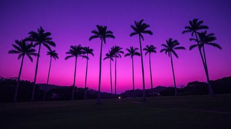 A vibrant sunset over the palm trees on an exotic beach, creating a breathtaking and colorful scene that evokes feelings of relaxation and adventure. Wide shot, ultra-realistic photography in the style of [Artist name]. --chaos 30 --ar 16:9 --v 6.1 Job ID: 6e1fb6b7-35c5-40be-97d6-402baa473b70の素材