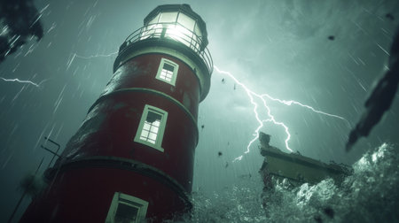A lighthouse shining brightly in the dark, stormy sky, with lightning flashing and waves crashing around it. A red, lagoon-like tower with white windows, in a high-resolution, photorealistic style. --chaos 30 --ar 16:9 --v 6.1 Job ID: 7a14043c-67a1-4e23-90d8-0618cdce0885の素材