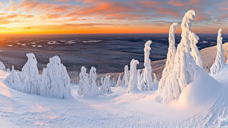 A panoramic view of the silhouette of snowy mountains against an orange and blue sky at sunset, with trees covered in snow on one side of the mountain range. The sky is filled with dramatic clouds, creating a contrast between the warm colors from the setting sun and the cool tones of the winter night. A small light source illuminates part of the forest area. Captured with a Nikon D850 DSLR camera using a Nikkor ultra-wide lens. --chaos 30 --ar 16:9 --v 6.1 Job ID: ddb527ec-11fb-4410-8a50-b96bbe5ab487の素材