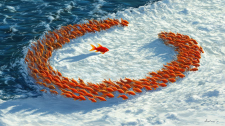 A school of fish swimming in the water, forming an orange-colored shape that resembles chicken legs, with one small goldfish floating alone on top of it. The background is blue and white. There are no text or other elements present. This scene captures the beauty of nature through vivid colors and detailed textures. It has been created using vector graphics software such as Adobe Illustrator. --chaos 30 --ar 16:9 --v 6.1 Job ID: 0c594205-60ab-4ec2-ab2d-4eaca22cbd30の素材