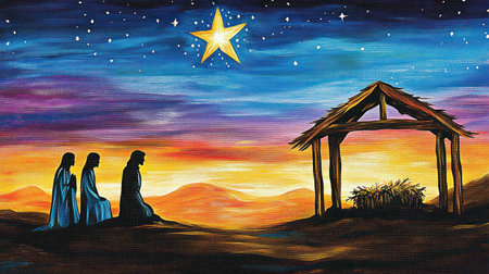 A beautiful night sky with the Star of Bethlehem hovering over an outdoor nativity scene, featuring silhouettes of three wise men and Jesus in his manger. The background is a gradient from blue to purple against orange hills under a colorful sunset. There's a small silhouette or flag on the top left side of the Star, decorated for Christmas. --chaos 30 --ar 16:9 --v 6.1 Job ID: 27722057-2c1d-42f0-92c0-3c91395d3ad9の素材