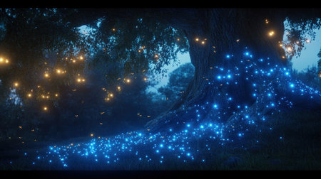 A mystical blue forest with an ancient oak tree, glowing fireflies dancing around its roots, creating a magical atmosphere. --chaos 30 --ar 16:9 --v 6.1 Job ID: 6ca374fa-e097-437e-a59e-acfbd1a03447の素材