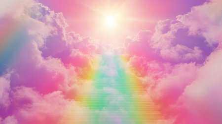 A beautiful and colorful sky with clouds, the sun shining brightly in front of it, with stairs leading up to heaven, symbolizing peace and enlightenment. --chaos 30 --ar 16:9 --v 6.1 Job ID: 38776185-327b-4ab1-8ac1-06347915e29cの素材