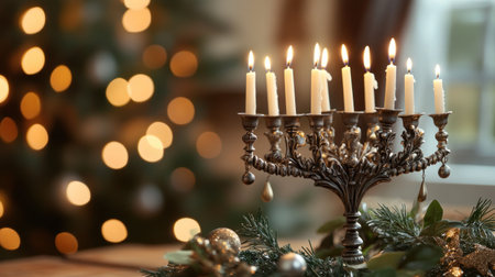 A beautiful background for Hanukkah with a wooden table and a menorah holding candles. The lights create bokeh effects in the dark space, creating an atmosphere of celebration and joy during the Jewish holiday season. --chaos 30 --ar 16:9 --v 6.1 Job ID: 335da332-f938-47a4-96b1-3d17b921415bの素材