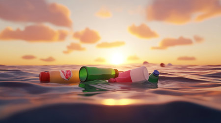 An artistic representation of plastic bottles and cups floating in the ocean, with light rays shining through them, symbolizing environmental pollution and wildlife in the style of Big Film Style. --chaos 30 --ar 16:9 --v 6.1 Job ID: 430bf5e6-e51e-4774-88f0-d893b14f0451の素材