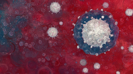 A close-up view of the red and blue liquid background with stylized cartoonish reds, white cells, and light gray amoeba-like shapes floating around. The focus is on one large, clear coronavirus cell in the center, surrounded by smaller red and dark blue fluid particles. --chaos 30 --ar 16:9 --v 6.1 Job ID: 847b383f-ba59-4d7d-8468-1c2cb23c7f6eの素材