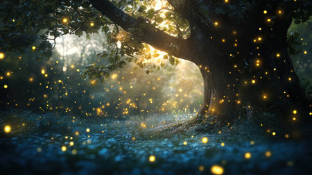 Beautiful blue forest with an old oak tree, glowing fireflies in the background, a fantasy-inspired, magical atmosphere, photo-realistic in the style of a skilled digital artist. --chaos 30 --ar 16:9 --v 6.1 Job ID: f5fec75e-f724-4543-98be-3a1784ba2191の素材