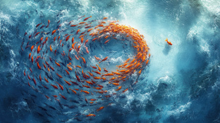 A school of fish swimming in the water, forming an orange dragon shape. The background is blue and white, with clear details throughout. A small goldfish floats alone at one end of the picture. High-definition photographic style. --chaos 30 --ar 16:9 --v 6.1 Job ID: f80ac5c1-7da2-4c3b-a98a-ec245e44164bの素材