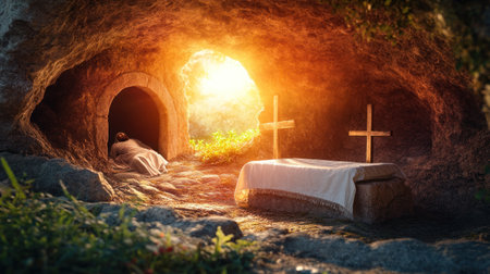 An empty tomb with the stone rolled away, with an open door and two crosses in it. On one cross is Jesus' body on his back, and on the other cross, His grave robes hanging down. The sun shines through the opening of the cave, illuminating its interior. There's a small white linen cloth laid out inside the cavern. On top, there were three ancient Roman thuribles containing fire that burned brightly. A calm scene with soft light and shadow. --chaos 30 --ar 16:9 --v 6.1 Job ID: 89933b54-8bc4-41ed-8b86-1854a4da10a5の素材