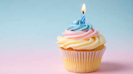A cupcake with one candle, decorated in pastel colors against a soft blue and pink gradient background. The scene is captured from the front view to highlight its beauty. A single lit birthday candle adds an extra touch of celebration. --chaos 30 --ar 16:9 --v 6.1 Job ID: f9a74049-cdc3-4671-b0f5-b049d0289db6の素材