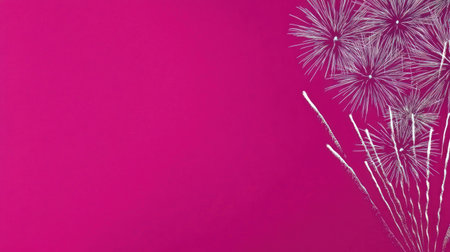 A purple banner with fireworks on the right side, creating an atmosphere of celebration and joy for New Year's Day or other festive events. The background is a dark pink to create contrast and emphasize visual appeal. It has space in the front for text and images. This design highlights vibrant colors and excitement while conveying happiness and a sense of lightness. --chaos 30 --ar 16:9 --v 6.1 Job ID: fd111405-01aa-4a5e-9464-8163e04a2e94の素材