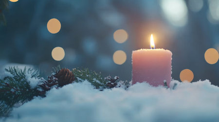 Christmas background with a pink candle, snow, and Christmas decorations on a blue bokeh light background. Copy space for text. New Year greeting card template design, stock photo contest winner, high resolution. --chaos 30 --ar 16:9 --v 6.1 Job ID: 386d7bb0-dc00-4a79-973c-a9c9f0abc057の素材