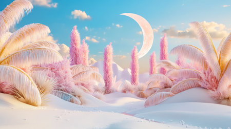 3d render of white desert landscape with mountains, moon and plants in peach fuzz color palette --chaos 30 --ar 16:9 --v 6.1 Job ID: f177d1e4-3488-4f4c-ab12-6a84da900200の素材