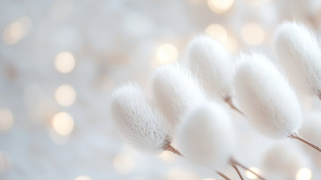 A close-up of willow catkins on the background, with copy space for text. The background is blurred and neutral in color to highlight the texture and shape of fluffy white blossoms. This image can be used as an Easter banner or panorama for spring and Easter themes. --chaos 30 --ar 16:9 --v 6.1 Job ID: cd2a4709-57c5-41cf-8ac4-b37590f332f9の素材