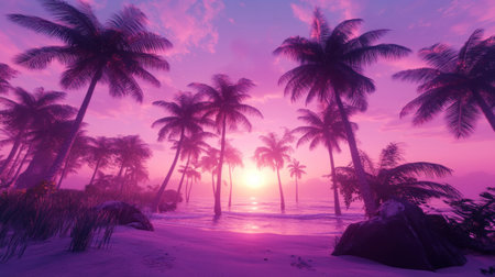 Beautiful sunset with palm trees on the beach. Created in the style of H///C4D, with vibrant colors, high resolution, and high quality. --chaos 30 --ar 16:9 --v 6.1 Job ID: 7cad5048-3aba-4bb1-ae45-829e023ead3cの素材