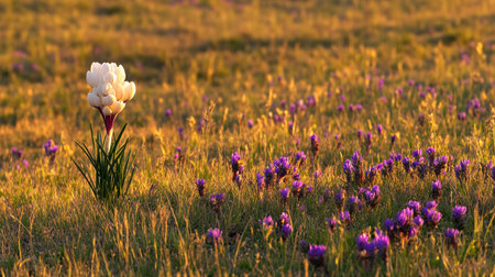 A white crocus flower stands out among the purple flowers in the grass, with ample copy space for text on the right side, creating a banner-like composition. --chaos 30 --ar 16:9 --v 6.1 Job ID: c9ed72f8-9c29-4302-baf9-32bfe10f38c5の素材
