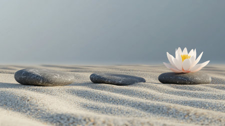 A tranquil Zen garden with balanced stones, raked sand patterns, and a blooming lotus flower on the ground, symbolizing harmony in nature. A serene blue sky background adds to its peaceful atmosphere. The composition is centered, showcasing a balance between natural elements. The photorealistic style with soft lighting emphasizes tranquility. --chaos 30 --ar 16:9 --v 6.1 Job ID: e7540e29-43f4-4f47-bb0a-7172bab8c0a2の素材