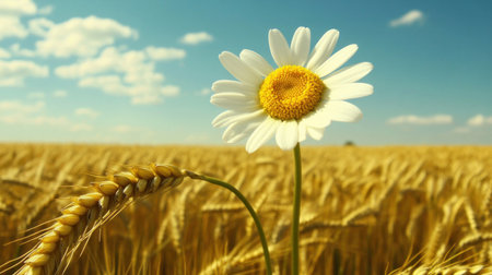 A daisy flower and wheat ear in the foreground, with a clear blue sky above and golden fields of grain stretching into the distance. The focus is on the face. --chaos 30 --ar 16:9 --v 6.1 Job ID: b2e67030-9b54-4473-9429-4d5d68e633f6の素材